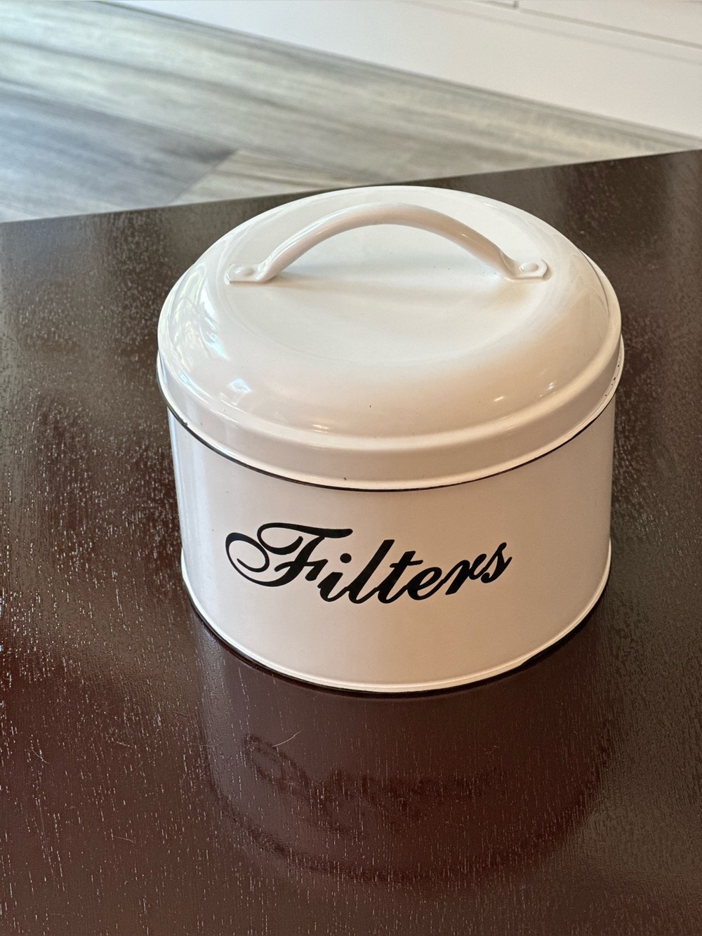 White Metal Coffee Filter Canister with Lid | Farmhouse Coffee Bar Storage